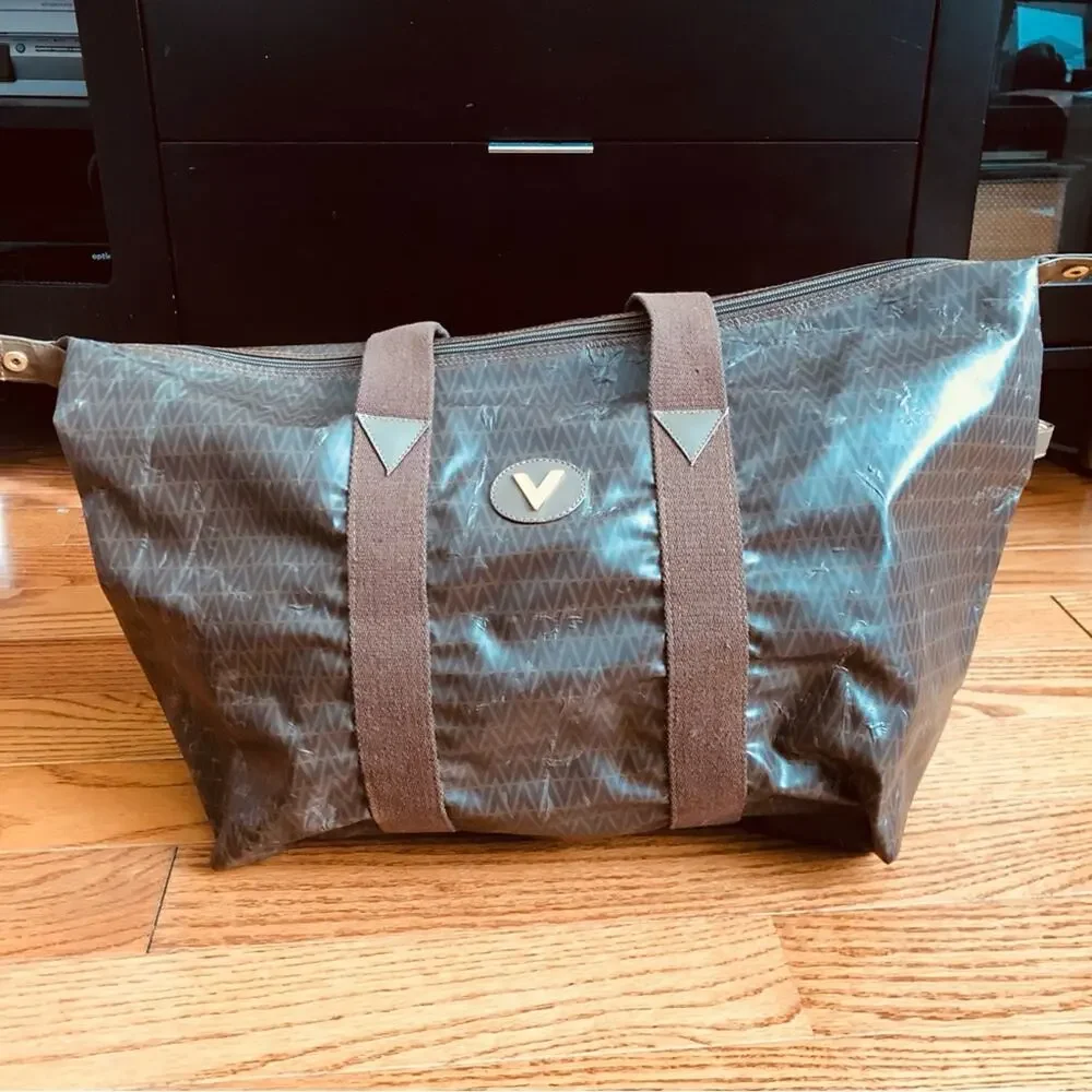 Valentino V Monogram Authentic Brown Coated Canvas Zip Tote Vintage travel bag